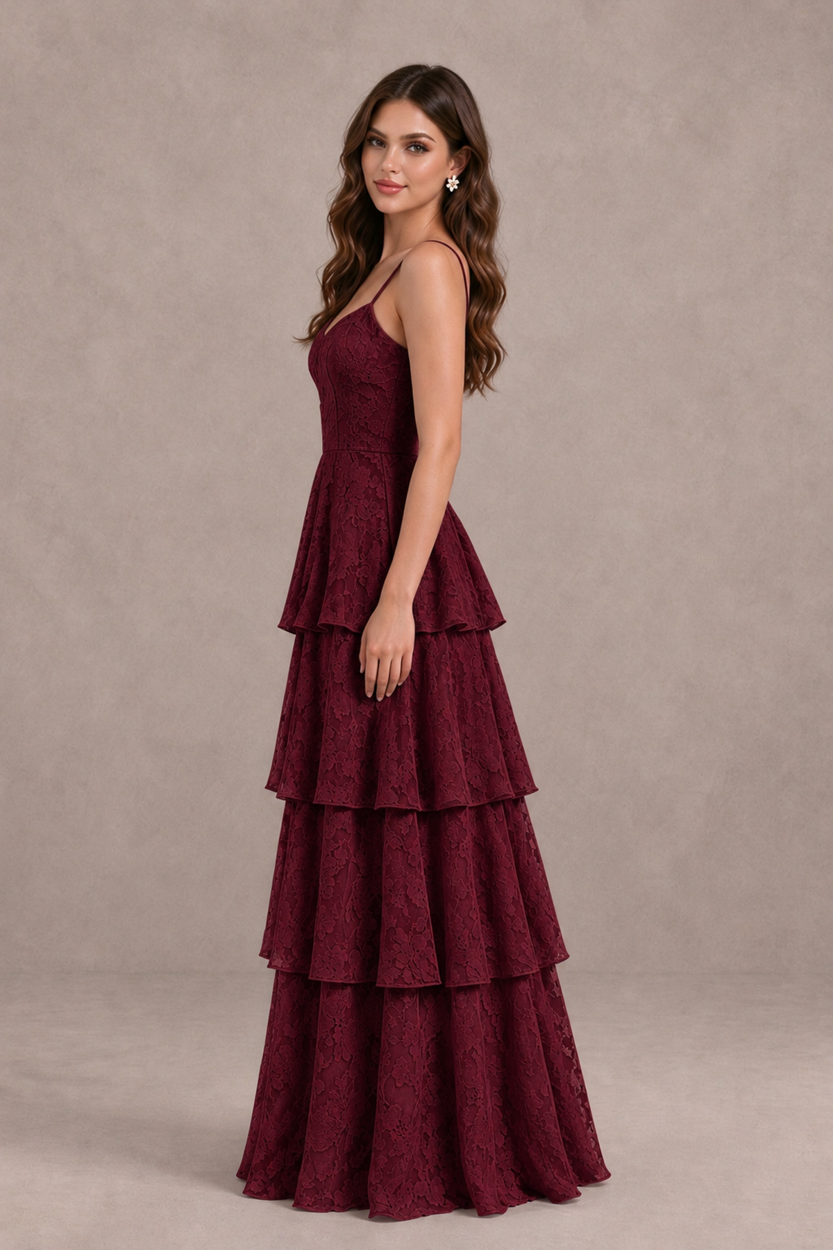 BOLODOO Wine Red Tiered Floral-Textured Spaghetti Strap Maxi Dress - Wine Red - Wine Red_4