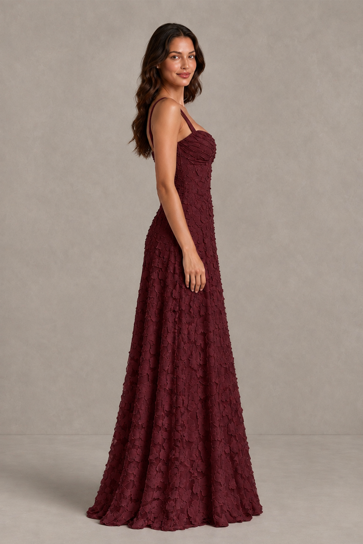 BOLODOO Wine Red Floral-Textured A-Line Dress with Lace-Up Back - Wine Red - Wine Red_4