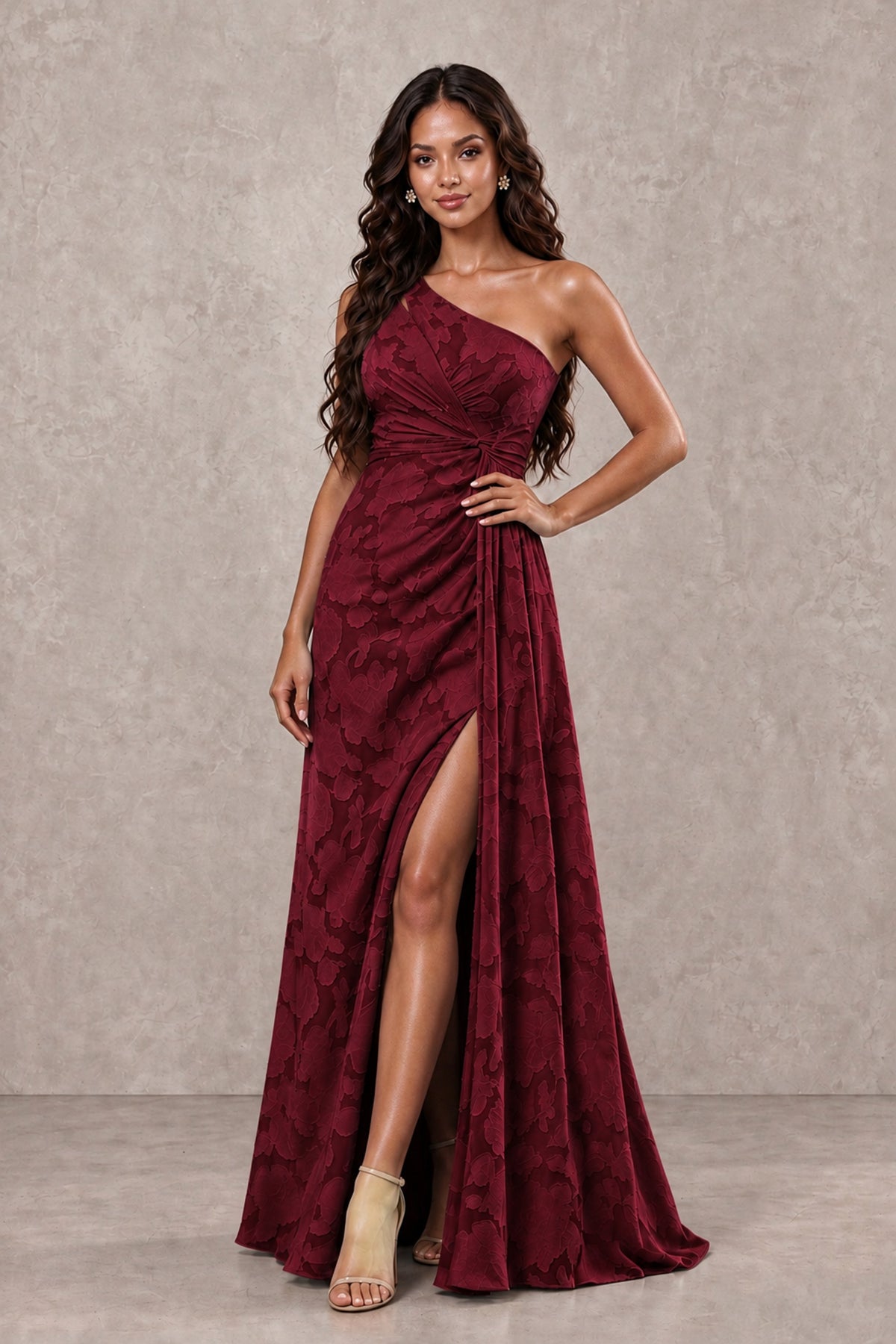 BOLODOO Wine Red One-Shoulder Floral Textured Maxi Dress with High Slit - Wine Red - Wine Red_4