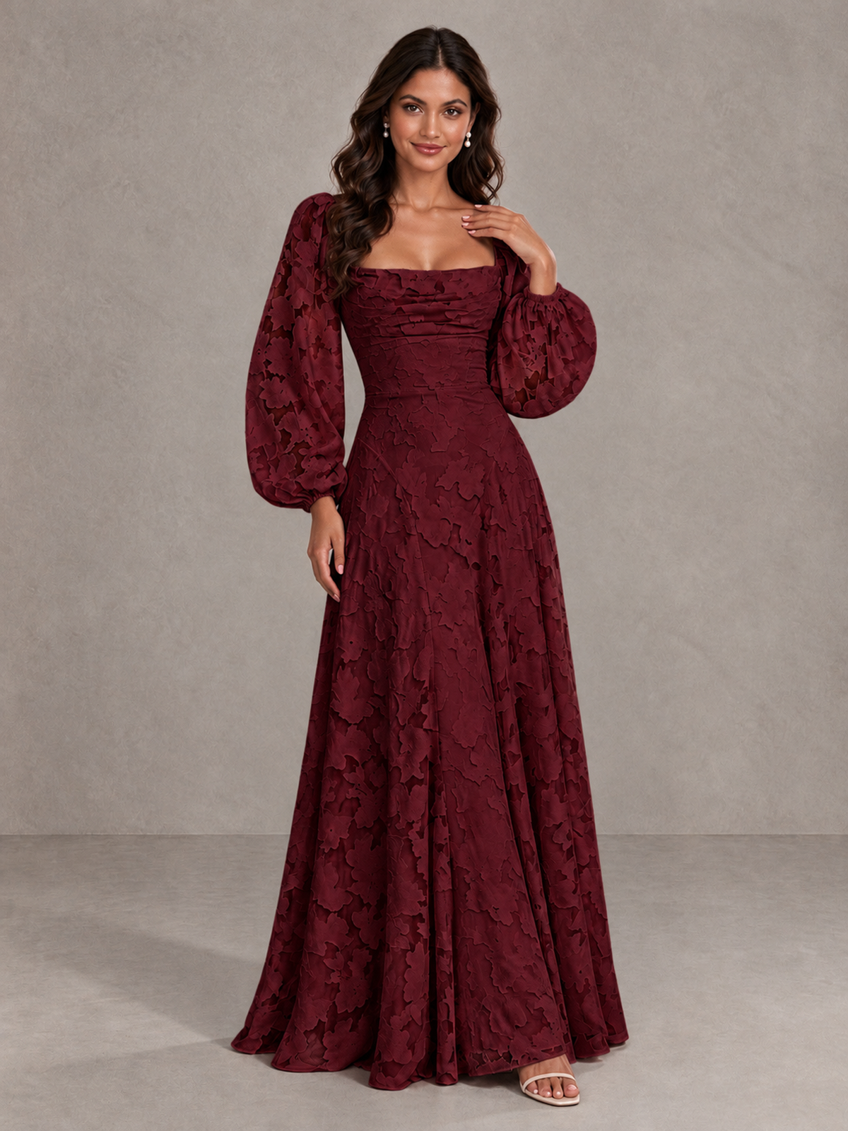 BOLODOO Wine Red Floral Long Sleeve A-Line Bridesmaid Dress - Wine Red - Wine Red_4
