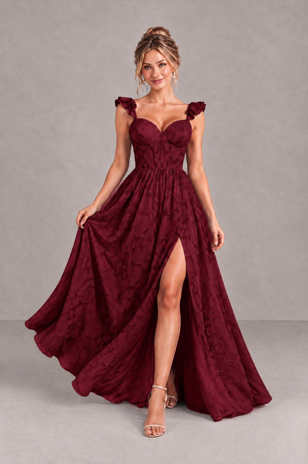 BOLODOO Wine Red Floral A-Line Bridesmaid Dress with Slit Ruffle Straps Maxi Gown - Wine Red - Wine Red_4