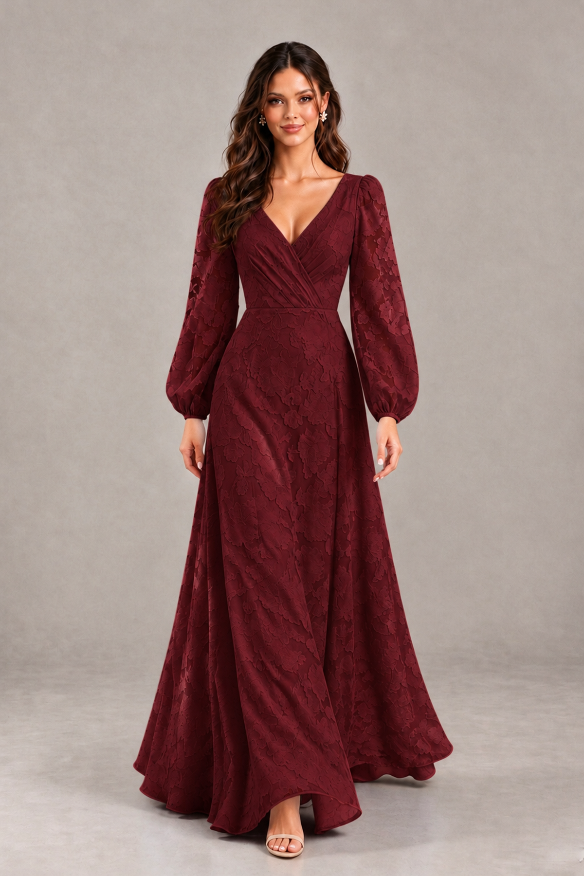 BOLODOO Wine Red Long Sleeve V-Neck A-Line Mother of the Bride Dress - Wine Red - Wine Red_4