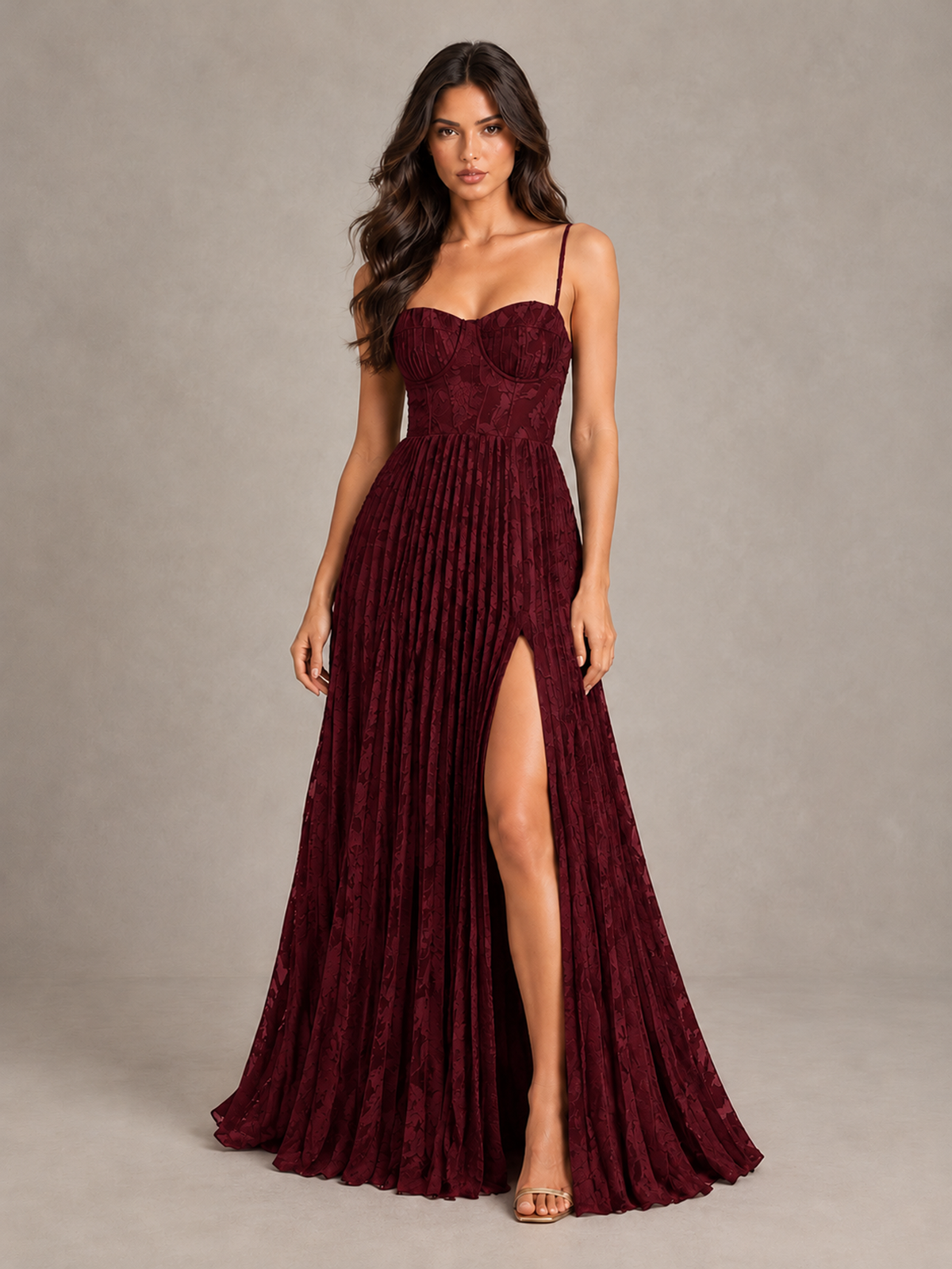 BOLODOO Wine Red Pleated Bridesmaid Dress with Sweetheart Neckline & Slit - Wine Red - Wine Red (1)