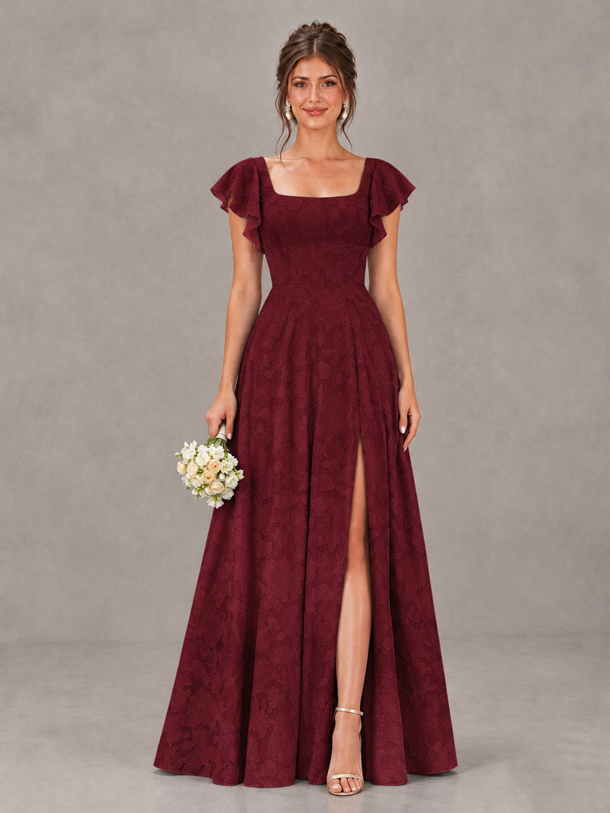 BOLODOO Wine Red Floral Flutter Sleeve Bridesmaid Dress with Slit - Wine Red - Wine Red (1)