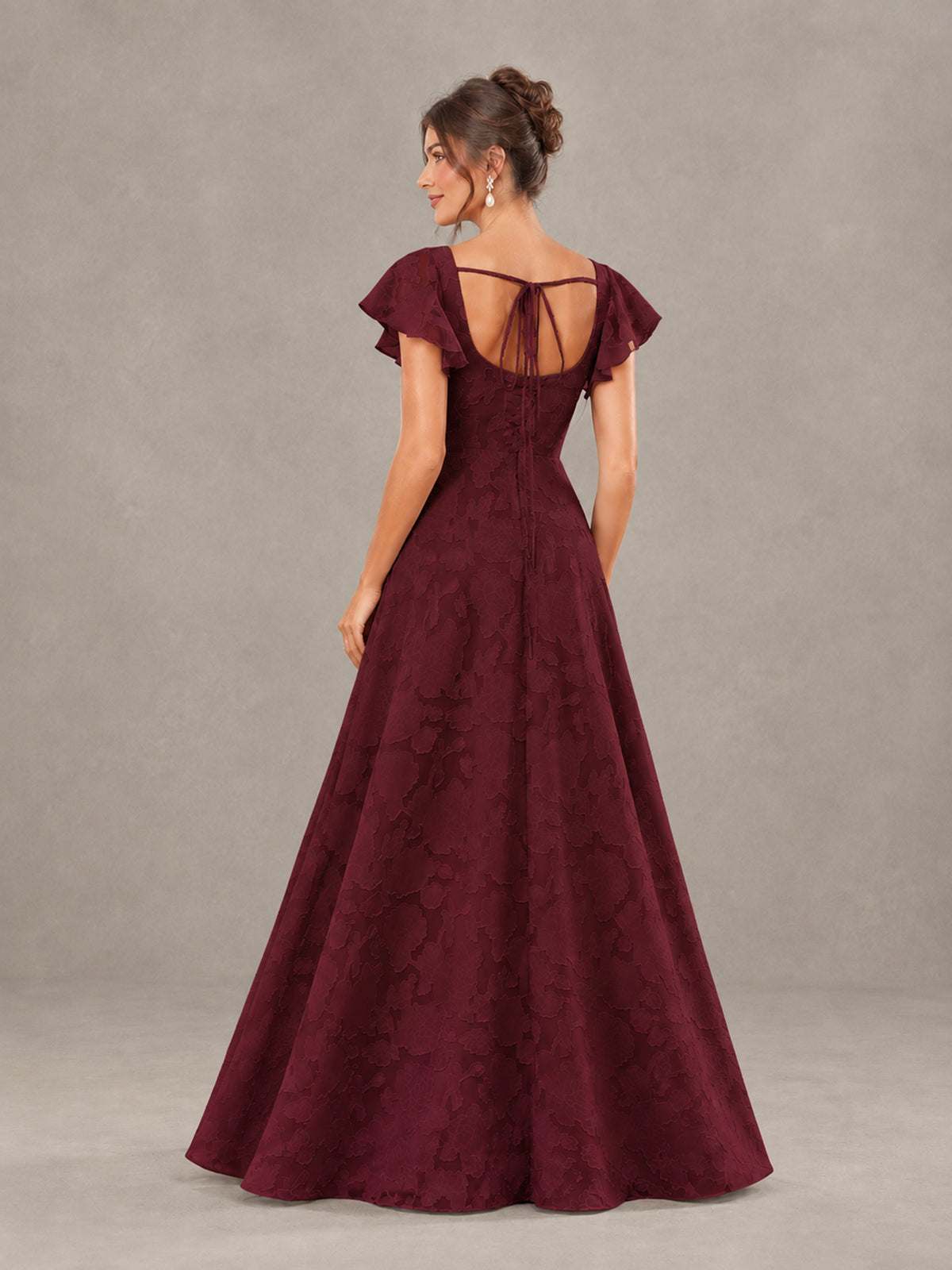 BOLODOO Wine Red Floral Flutter Sleeve Bridesmaid Dress with Slit - Wine Red - Wine Red (2)