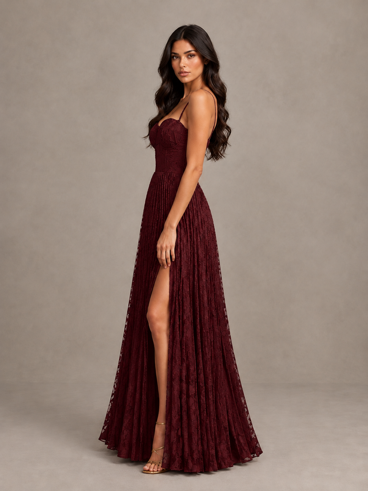 BOLODOO Wine Red Pleated Bridesmaid Dress with Sweetheart Neckline & Slit - Wine Red - Wine Red (3)