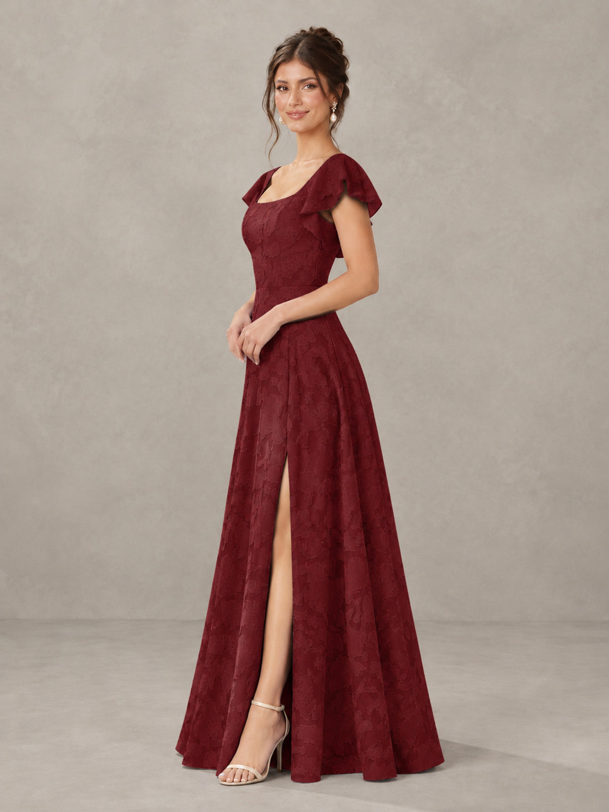 BOLODOO Wine Red Floral Flutter Sleeve Bridesmaid Dress with Slit - Wine Red - Wine Red (3)