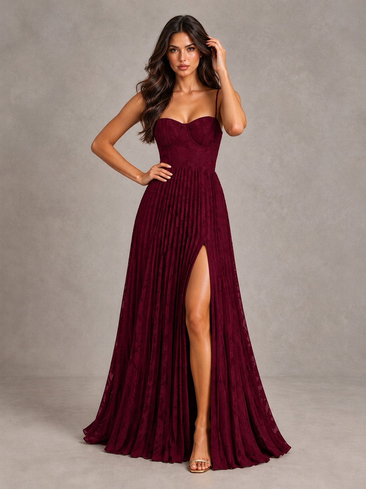 BOLODOO Wine Red Pleated Bridesmaid Dress with Sweetheart Neckline & Slit - Wine Red - Wine Red (4)