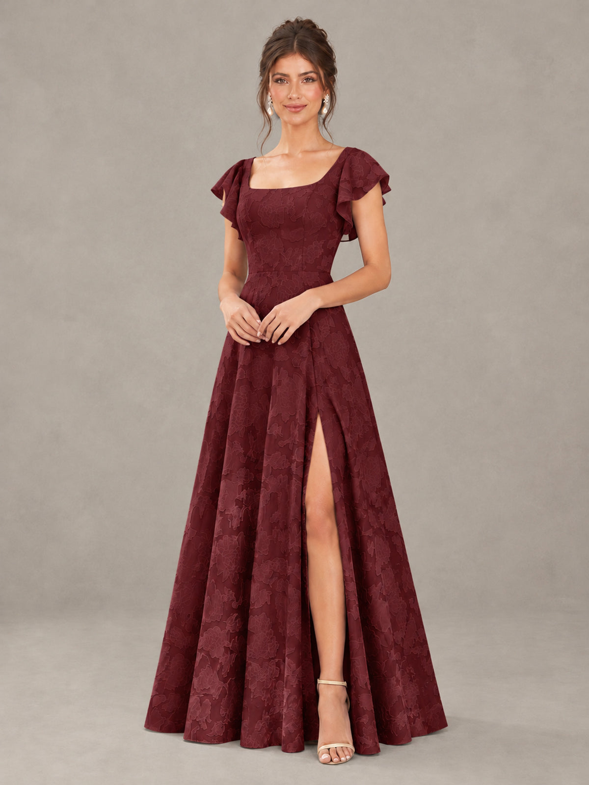 BOLODOO Wine Red Floral Flutter Sleeve Bridesmaid Dress with Slit - Wine Red - Wine Red (4)