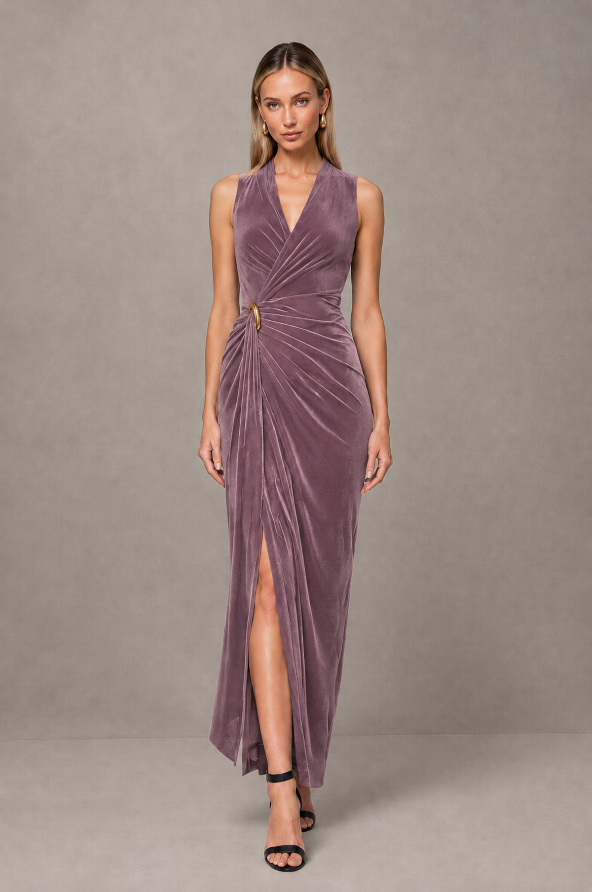 BOLODOO Wisteria Velvet-Look Sleeveless V-Neck Ruched Slit Maxi Dress - Wisteria - Wisteria_01