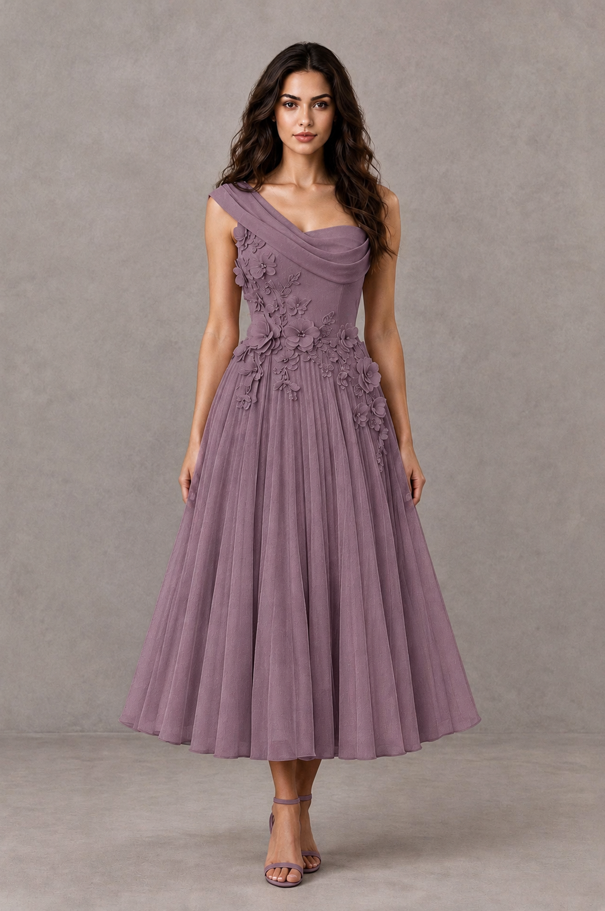 BOLODOO Wisteria One-Shoulder Floral Tulle Tea-Length Dress - Wisteria - Wisteria_01