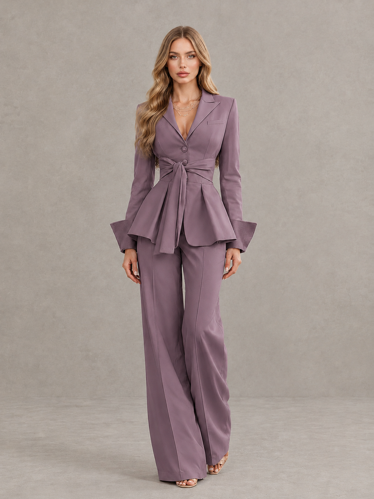 BOLODOO Wisteria Belted Peplum Pantsuit with Long Sleeves & Wide-Leg Trousers - Wisteria - Wisteria_01