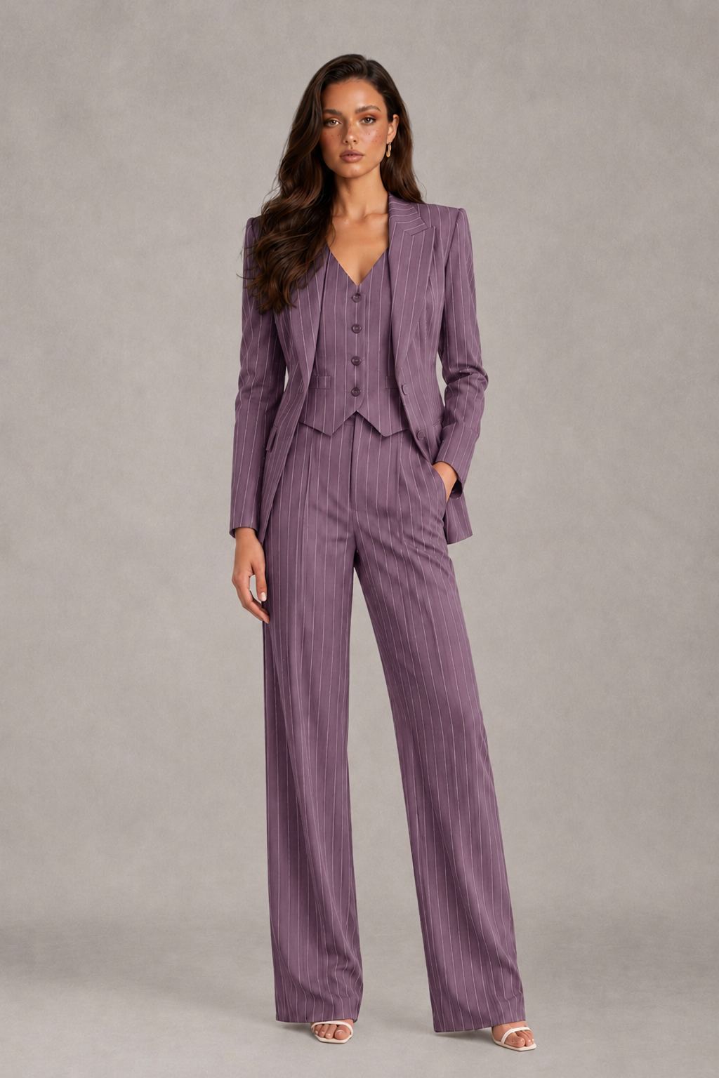 BOLODOO Women's Wisteria Pinstripe Three-Piece Pantsuit with Wide-Leg Trousers - Wisteria - Wisteria_01