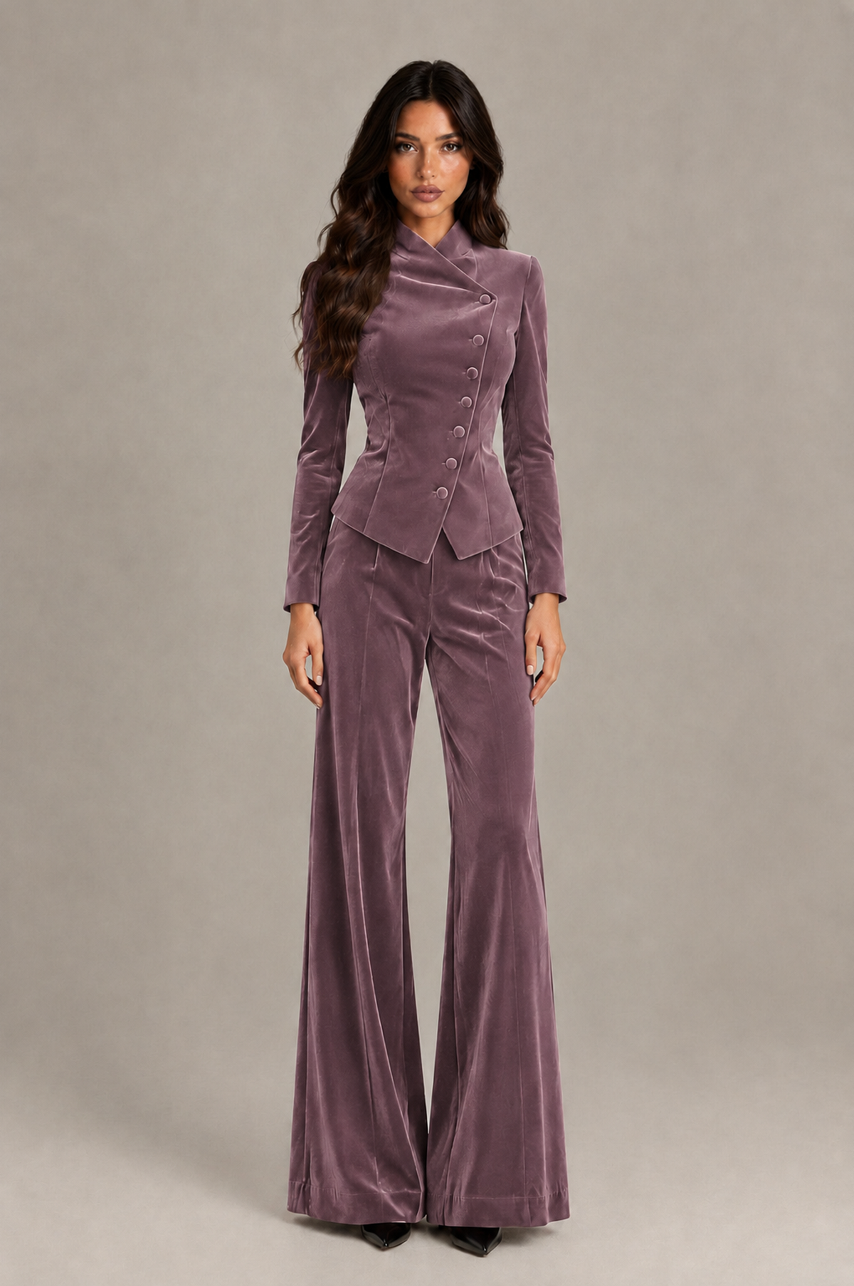 BOLODOO Wisteria Velvet Two-Piece Pantsuit with Long Sleeve Blazer & Wide-Leg Trousers - Wisteria - Wisteria_01