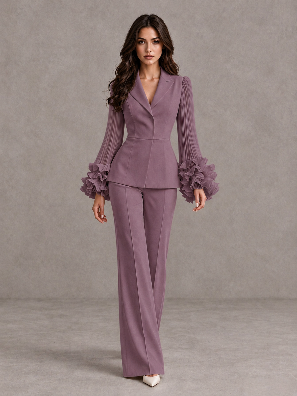BOLODOO Wisteria Mother of the Bride Pant Suit – Pleated Long Sleeve Ruffle Cuff Wide Leg Trouser Suit - Wisteria - Wisteria_01