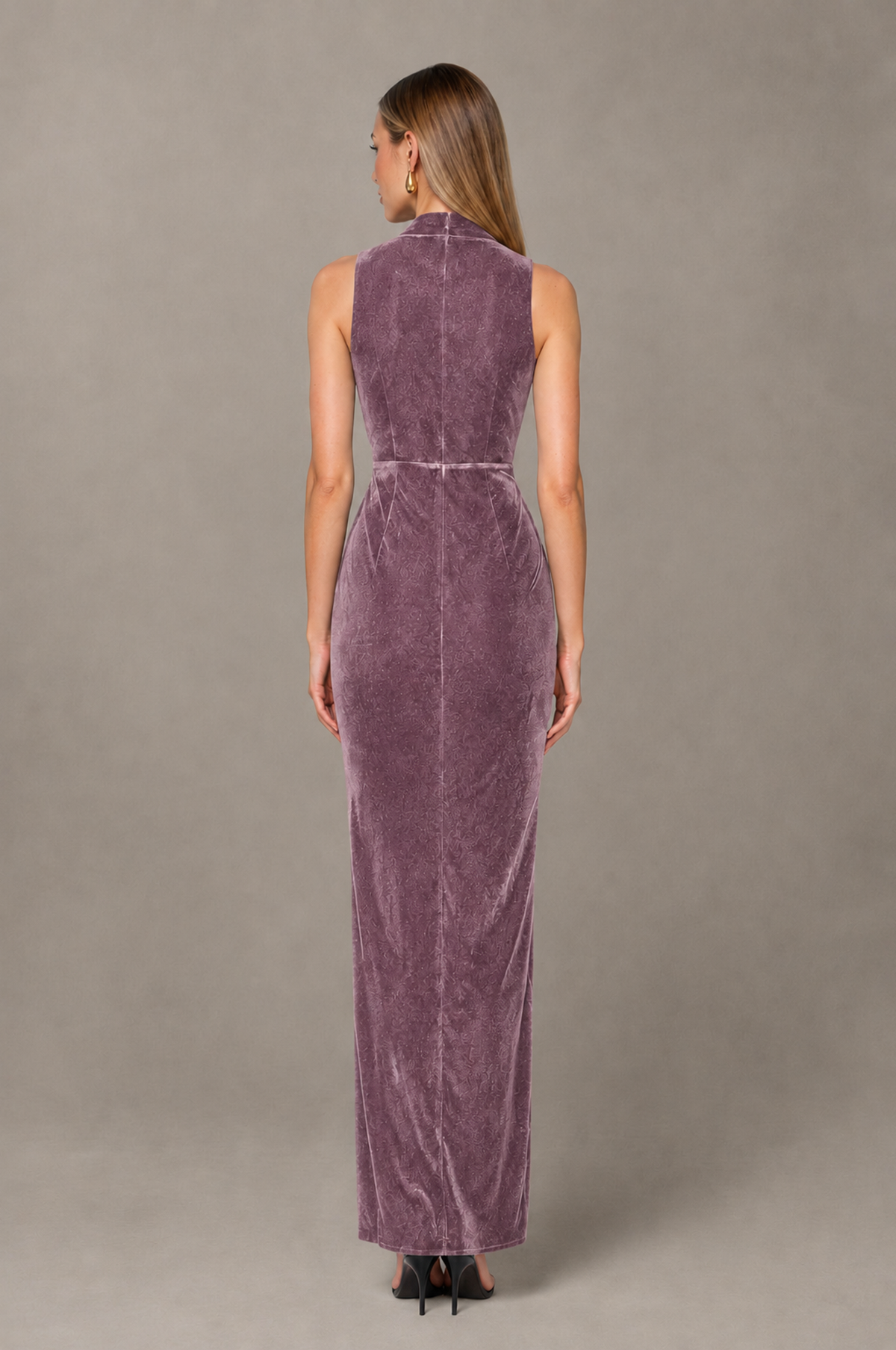 BOLODOO Wisteria Velvet-Look Sleeveless V-Neck Ruched Slit Maxi Dress - Wisteria - Wisteria_02