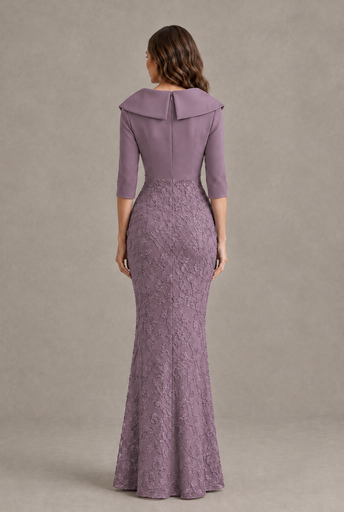 BOLODOO Wisteria Three-Quarter Sleeve Mermaid Evening Dress with Floral Detail - Wisteria - Wisteria_02