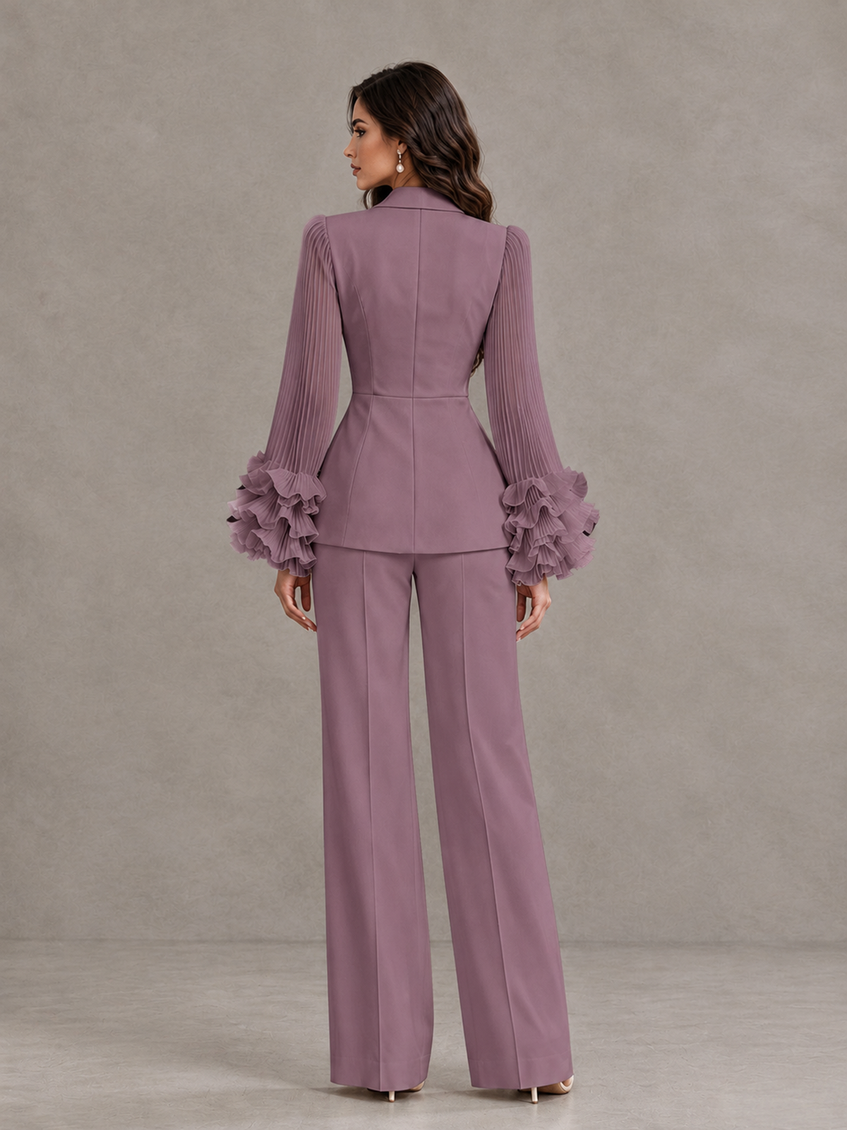 BOLODOO Wisteria Mother of the Bride Pant Suit – Pleated Long Sleeve Ruffle Cuff Wide Leg Trouser Suit - Wisteria - Wisteria_02