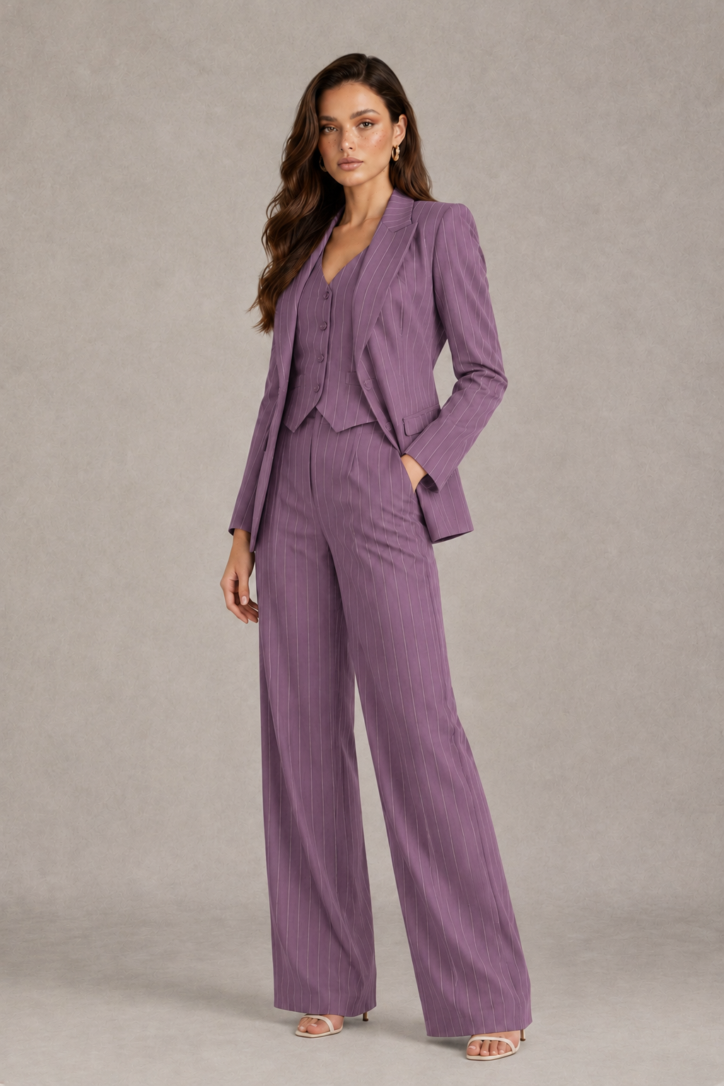 BOLODOO Women's Wisteria Pinstripe Three-Piece Pantsuit with Wide-Leg Trousers - Wisteria - Wisteria_03