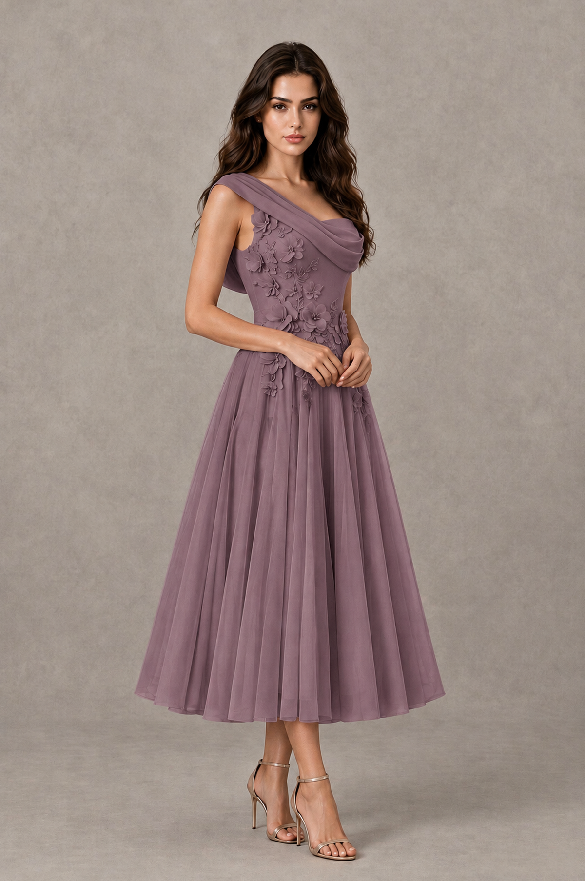 BOLODOO Wisteria One-Shoulder Floral Tulle Tea-Length Dress - Wisteria - Wisteria_03
