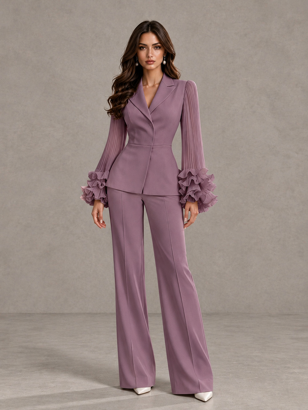 BOLODOO Wisteria Mother of the Bride Pant Suit – Pleated Long Sleeve Ruffle Cuff Wide Leg Trouser Suit - Wisteria - Wisteria_03
