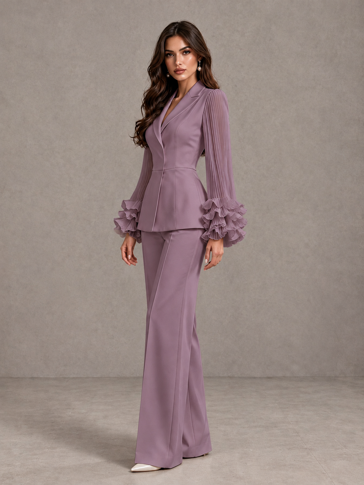 BOLODOO Wisteria Mother of the Bride Pant Suit – Pleated Long Sleeve Ruffle Cuff Wide Leg Trouser Suit - Wisteria - Wisteria_04