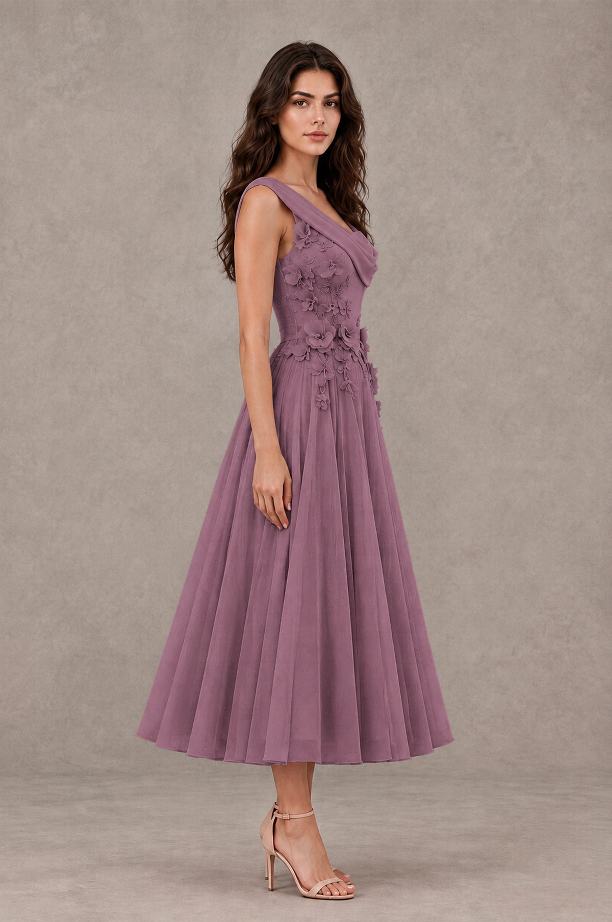 BOLODOO Wisteria One-Shoulder Floral Tulle Tea-Length Dress - Wisteria - Wisteria_04