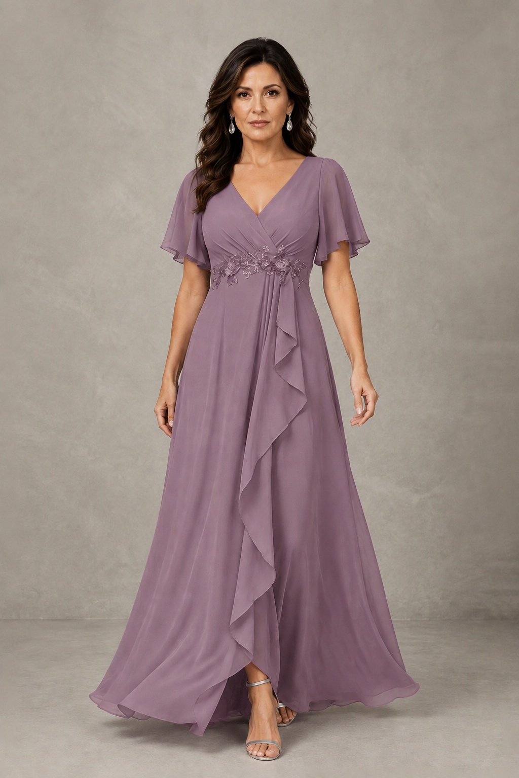 BOLODOO Wisteria Chiffon V-Neck Flutter Sleeve Floral Applique Cascade Ruffle Lace-Up Back A-Line Maxi Evening Dress - Wisteria