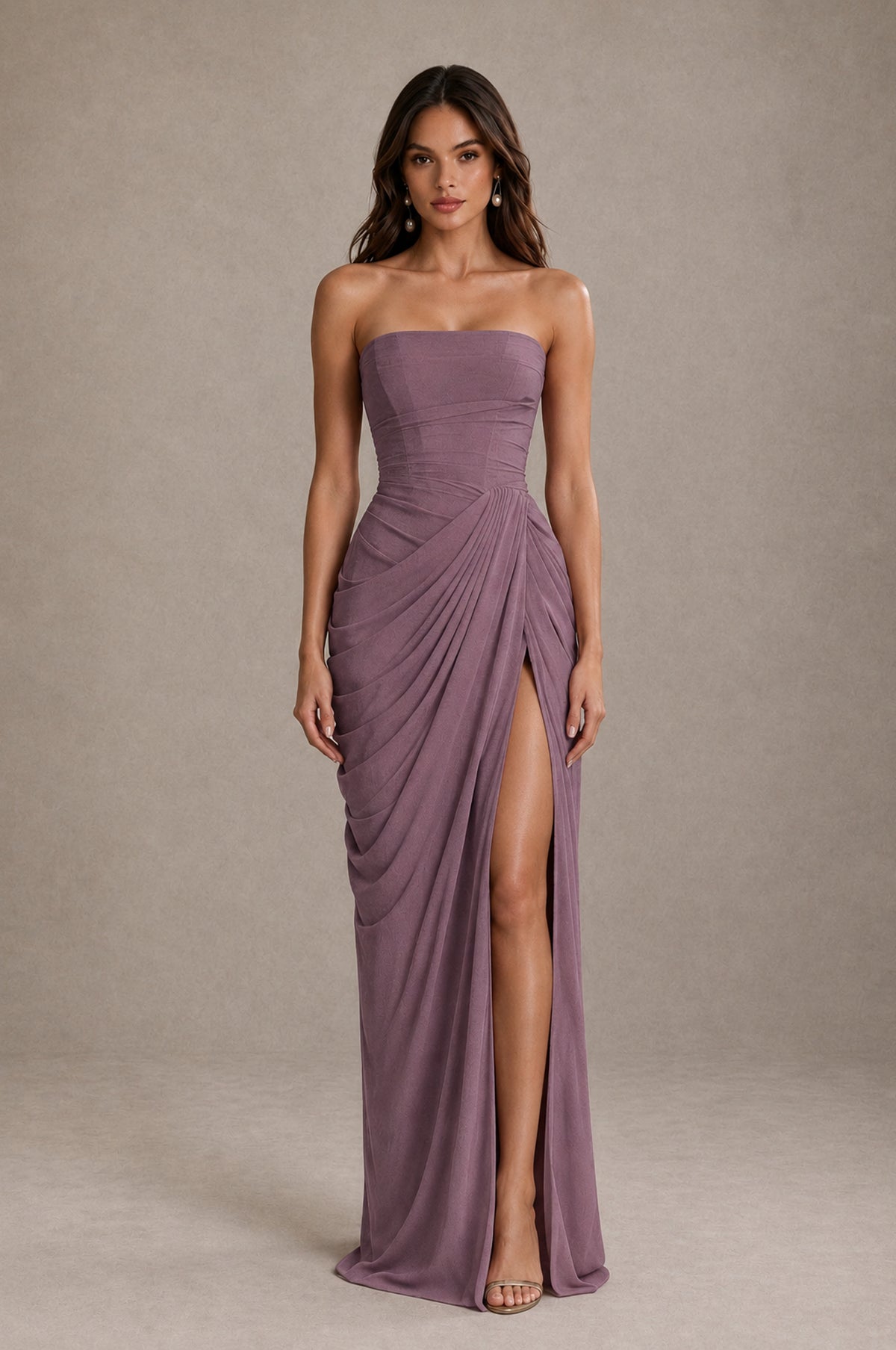 BOLODOO Strapless Draped Maxi Dress - Wisteria Backless Evening Gown with High Slit - Wisteria - Wisteria_1