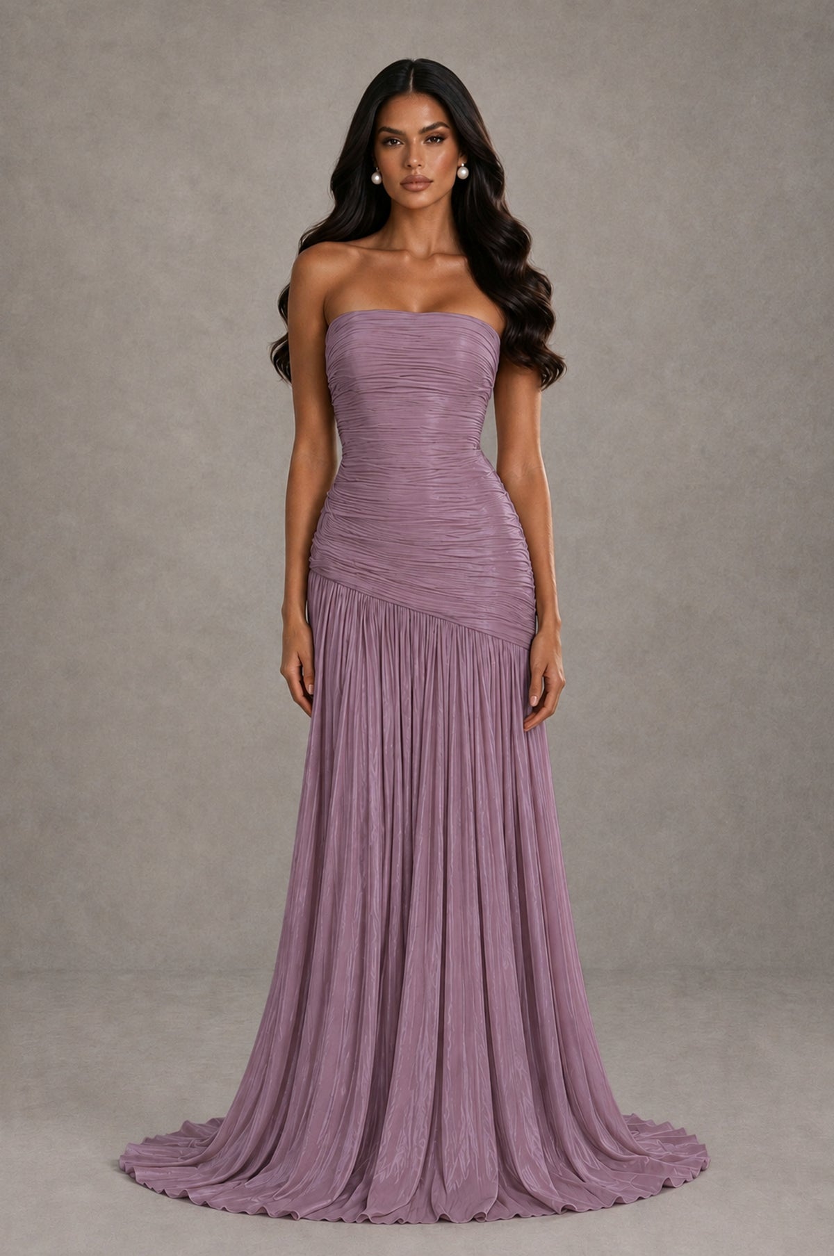 BOLODOO Wisteria Metallic Ruched Strapless Pleated A-Line Backless Maxi Dress with Train - Wisteria - Wisteria_1