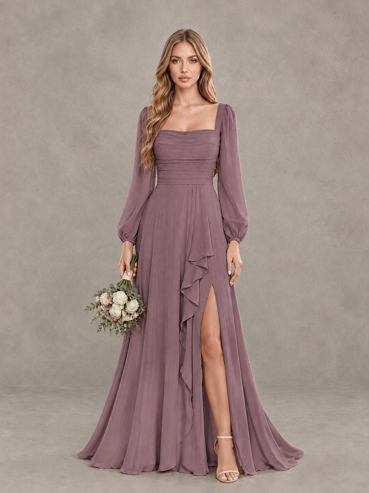 BOLODOO Wisteria Square Neck Long Sleeve Bridesmaid Dress with Ruffle Slit - Wisteria - Wisteria_1