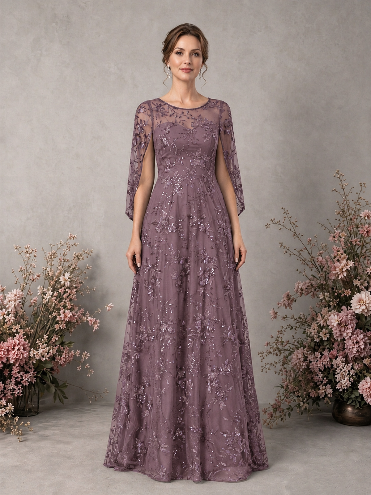 BOLODOO Wisteria Sequin Lace Cape Sleeve Formal Evening Gown - Wisteria - Wisteria_1