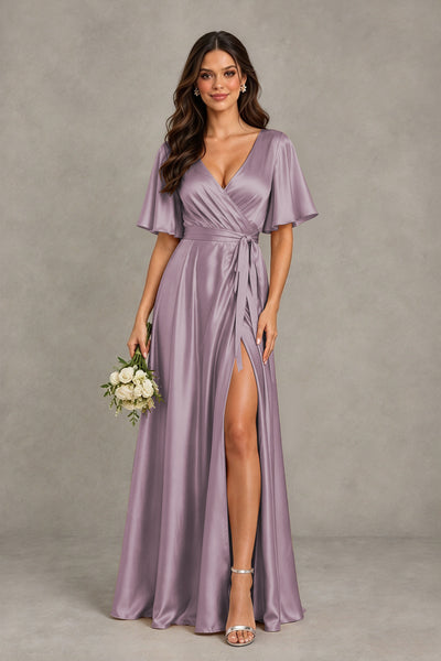 BOLODOO Wisteria Satin V-Neck Flutter Sleeve Bridesmaid Dress with Slit - Wisteria - Wisteria(1)