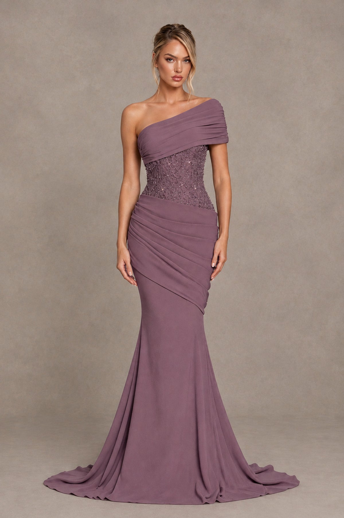 BOLODOO Wisteria One-Shoulder Sequin Embroidered Ruched Mermaid Gown with Train - Wisteria - Wisteria_1