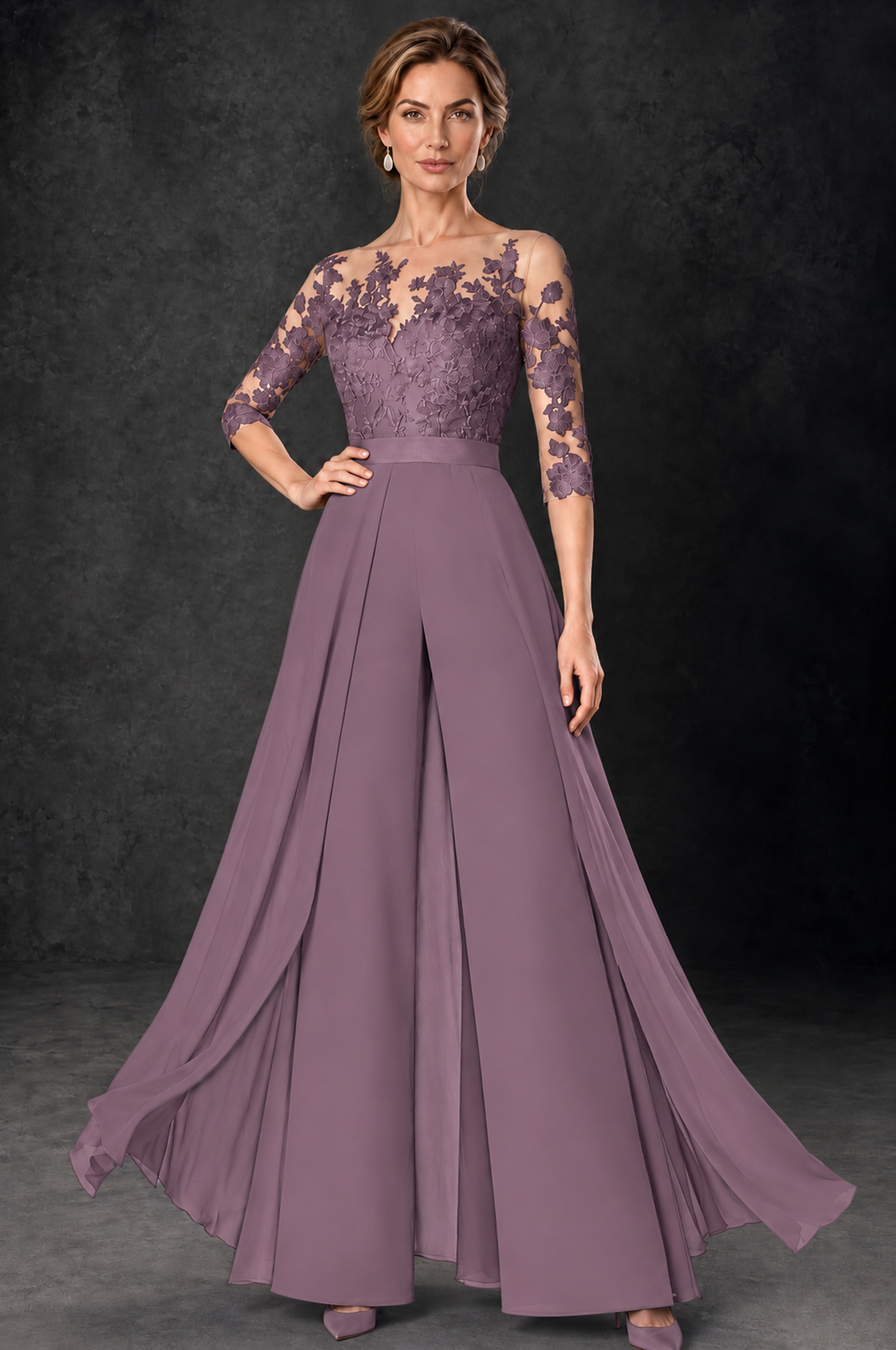 BOLODOO Wisteria Lace Wide-Leg Jumpsuit with Three-Quarter Sleeves - Wisteria - Wisteria_1