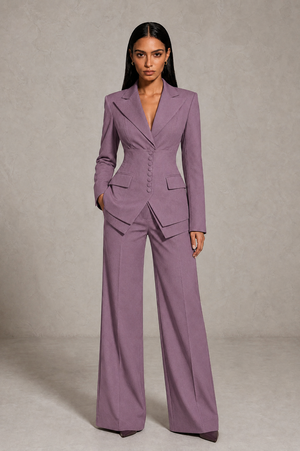 BOLODOO Wisteria Cinched Waist Blazer and Wide Leg Pants Two Piece Suit Set - Wisteria
