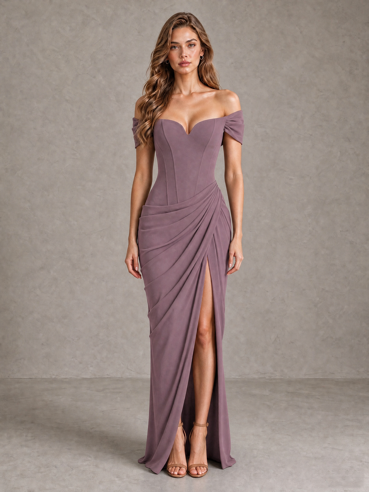 BOLODOO Wisteria Off-Shoulder Ruched Corset Wedding Guest Dress with Slit - Wisteria - Wisteria_1