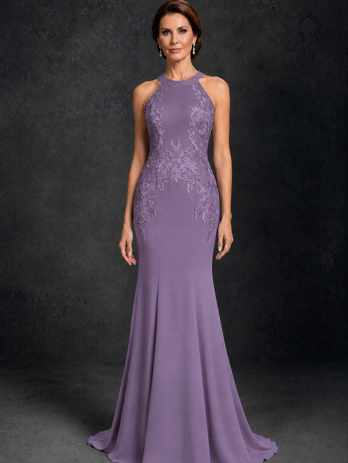 BOLODOO Wisteria Lace Applique Halter Neck Sheer Back Mermaid Maxi Dress with Sweep Train - Wisteria