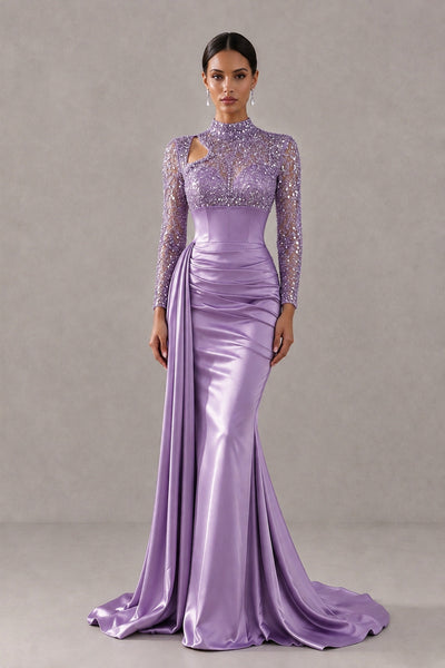 BOLODOO Wisteria Long Sleeve Embellished Satin Mermaid Evening Gown - Wisteria - Wisteria_1