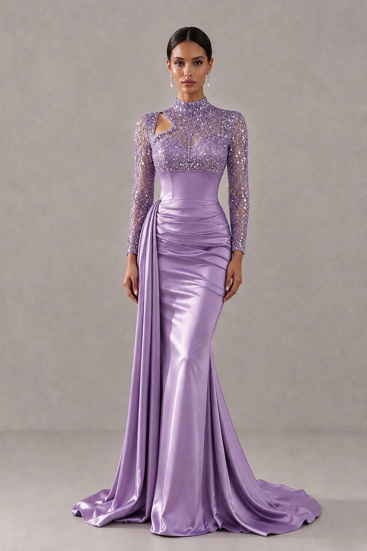 BOLODOO Wisteria Long Sleeve Embellished Satin Mermaid Evening Gown - Wisteria - Wisteria_1