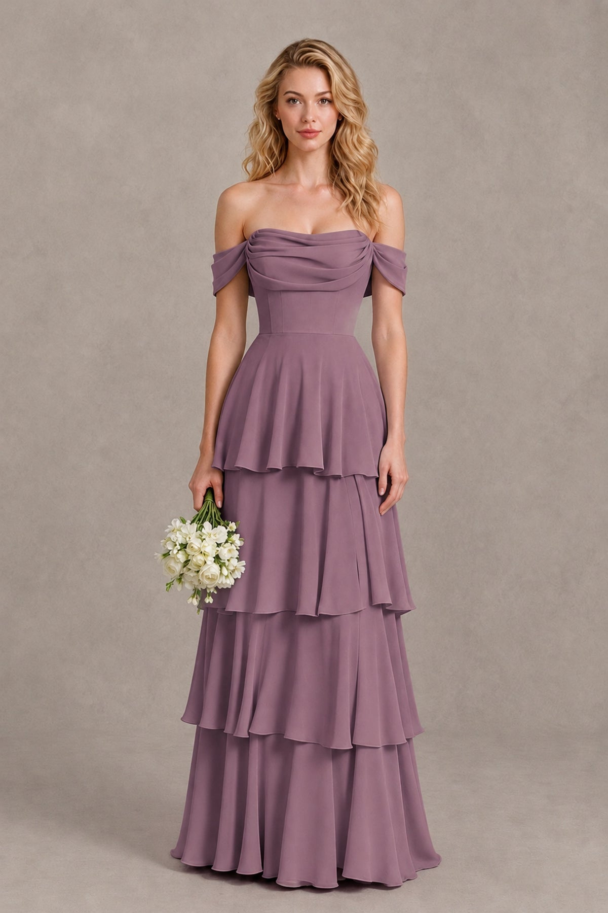 BOLODOO Wisteria Off-the-Shoulder Tiered A-Line Evening Bridesmaid Dress - Wisteria - Wisteria_1