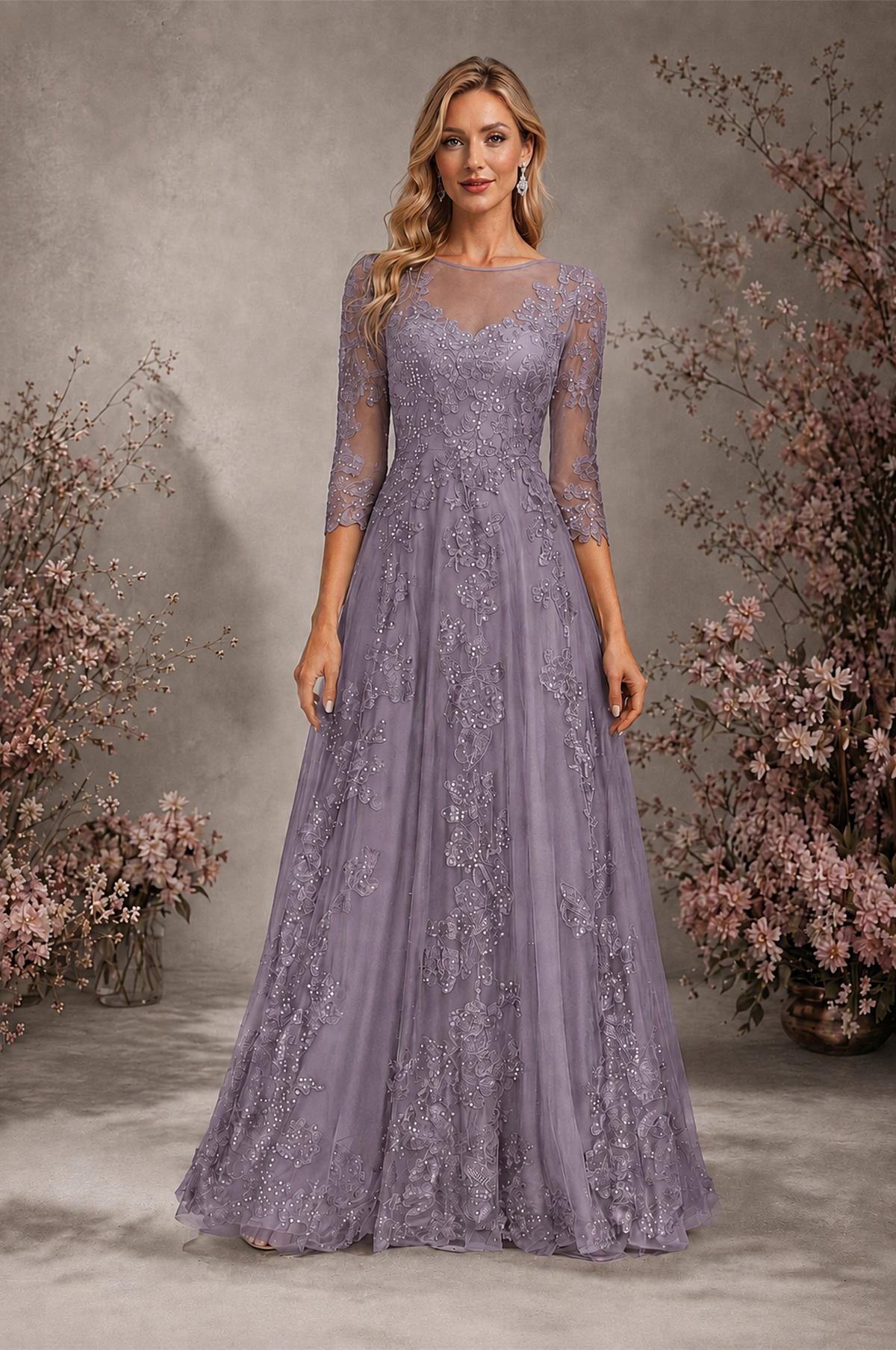 BOLODOO Wisteria Sequin Lace 3/4 Sleeve Open Back Formal Evening Gown - Wisteria
