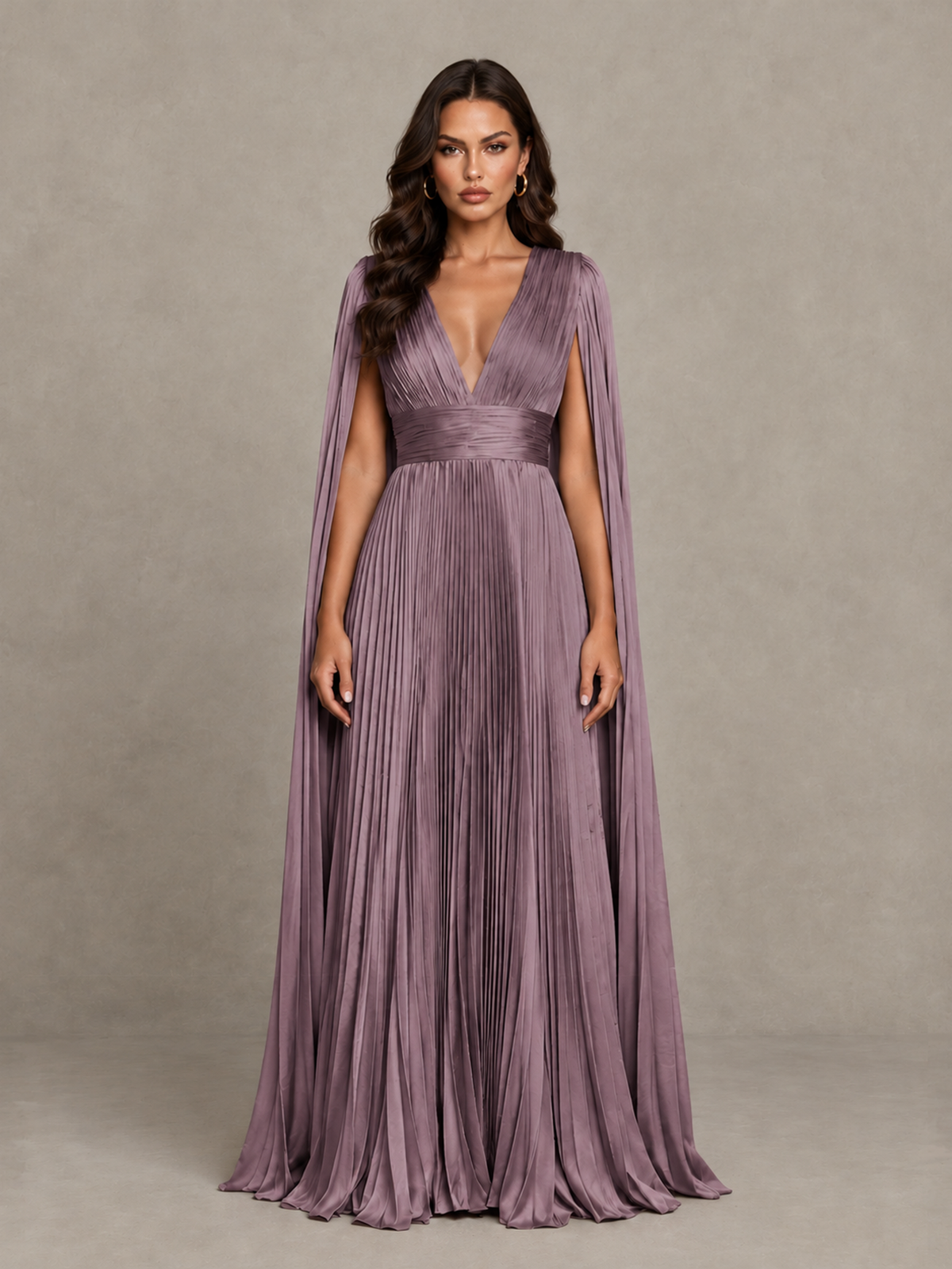 BOLODOO Wisteria Deep V-Neck Pleated Cape Sleeve Evening Gown - Wisteria - Wisteria_1