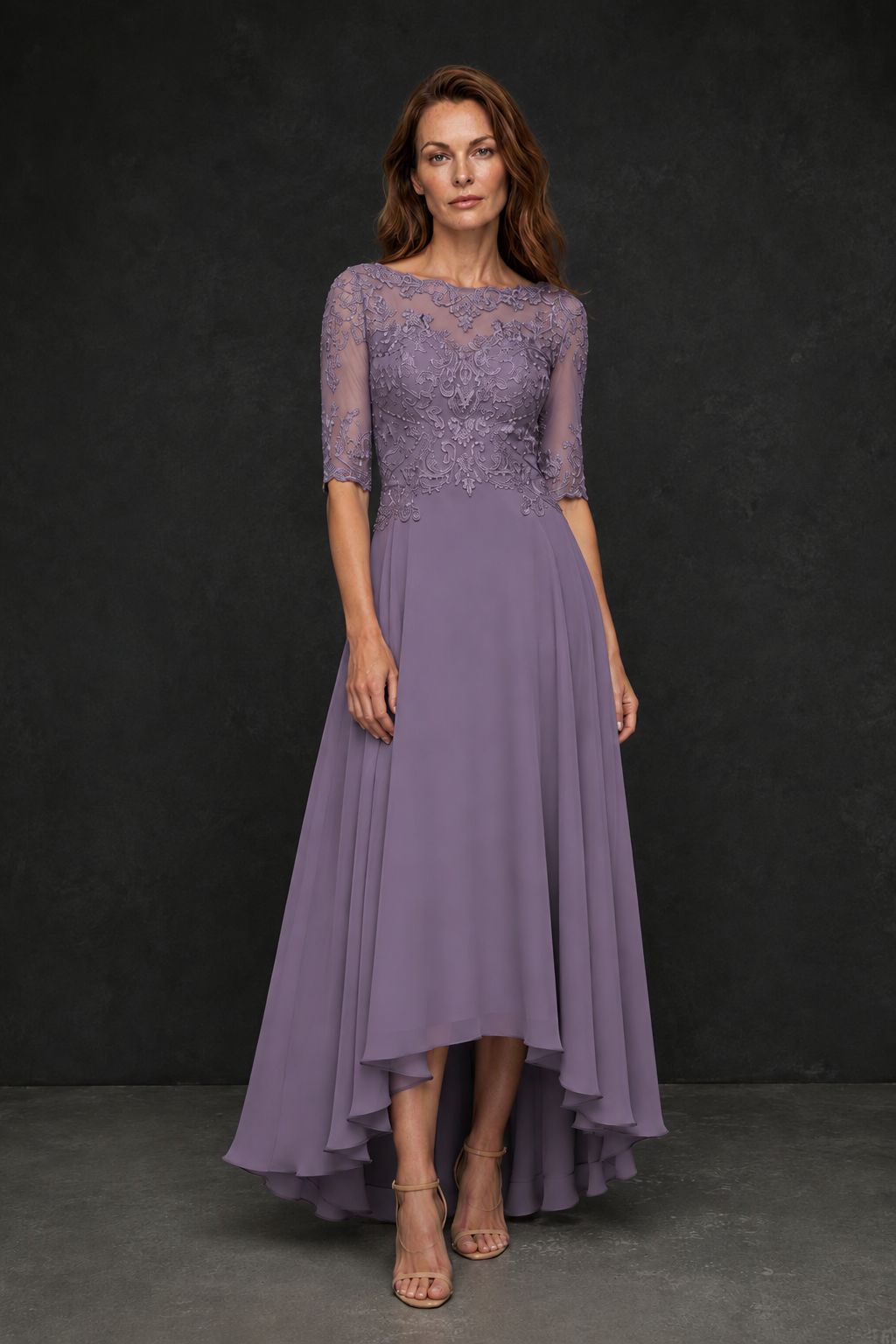 BOLODOO Wisteria Illusion Lace 3/4 Sleeve Hi-Lo Chiffon A-Line Dress | Mother of the Bride Tea Length Dress - Wisteria