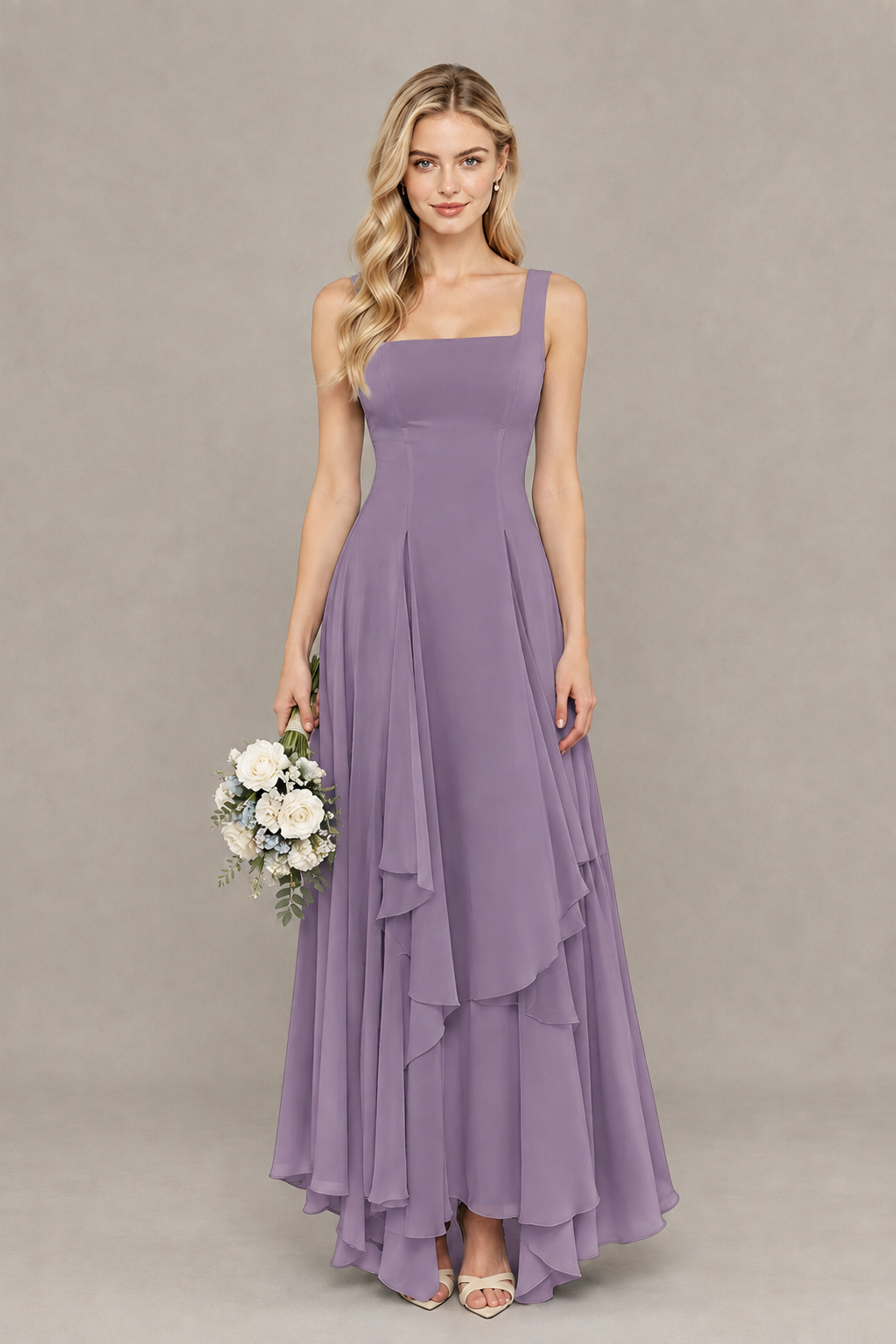 BOLODOO Wisteria Square Neck Chiffon Bridesmaid Dress with Lace-Up Back - Wisteria