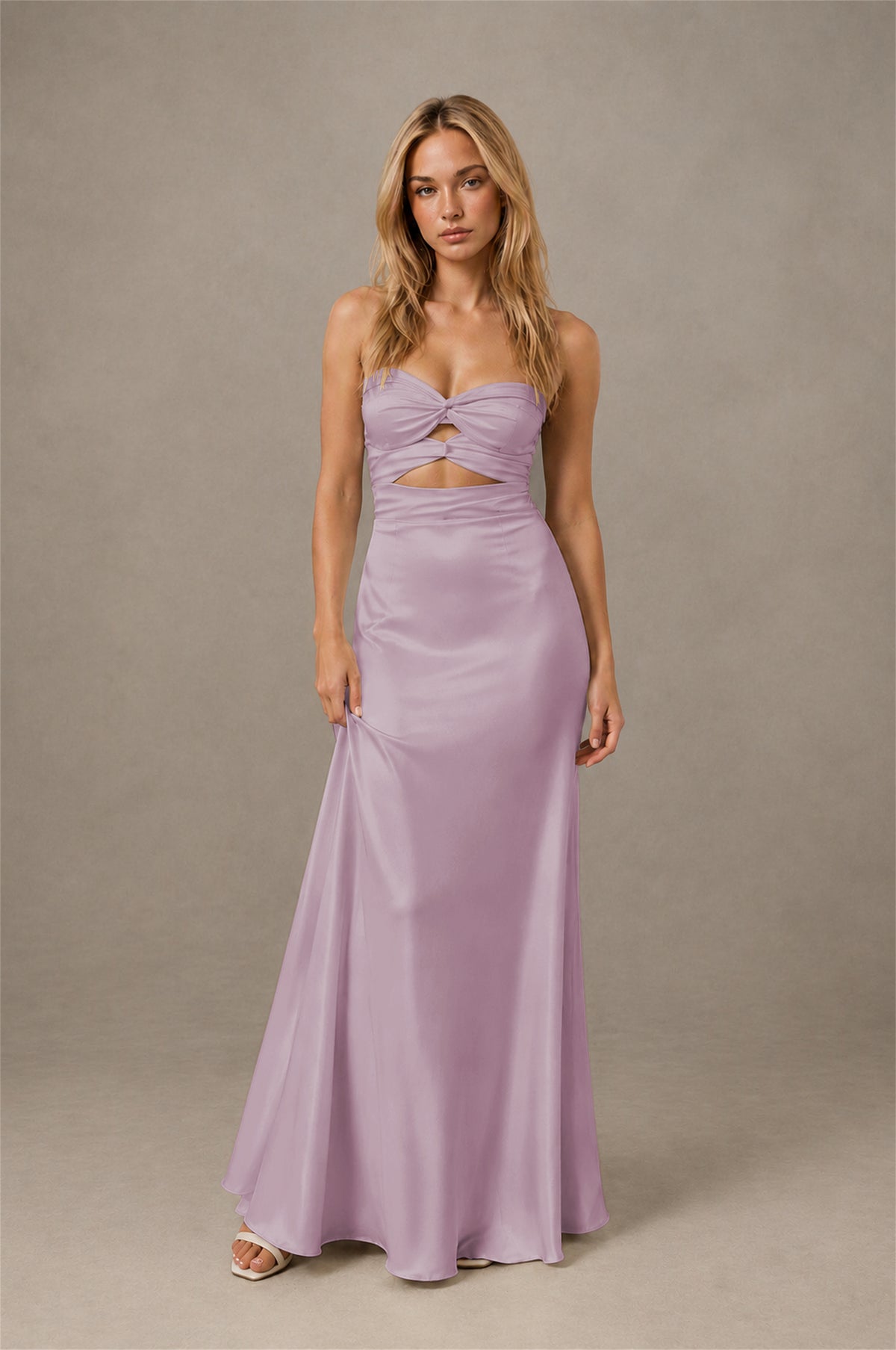 BOLODOO Wisteria Sweetheart Strapless Twist Knot Cutout Lace-Up Back Satin Mermaid Maxi Dress - Wisteria - Wisteria(1)