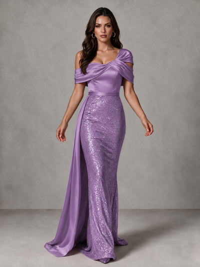 BOLODOO Wisteria Sequin Mermaid Evening Dress with Off-Shoulder Satin Drape and Sweep Train - Wisteria - Wisteria_1