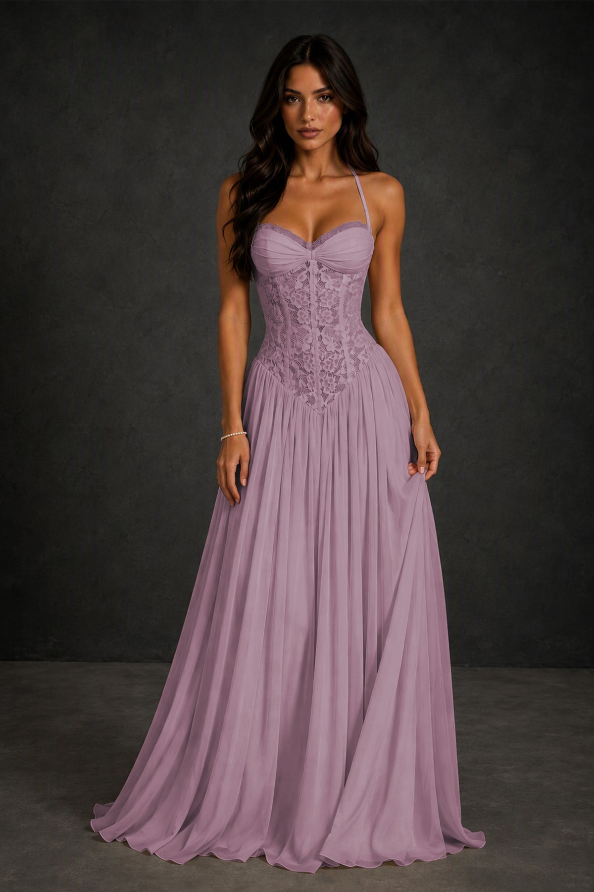 BOLODOO Wisteria Lace Corset Halter Maxi Gown – Backless A-Line Formal Dress - Wisteria