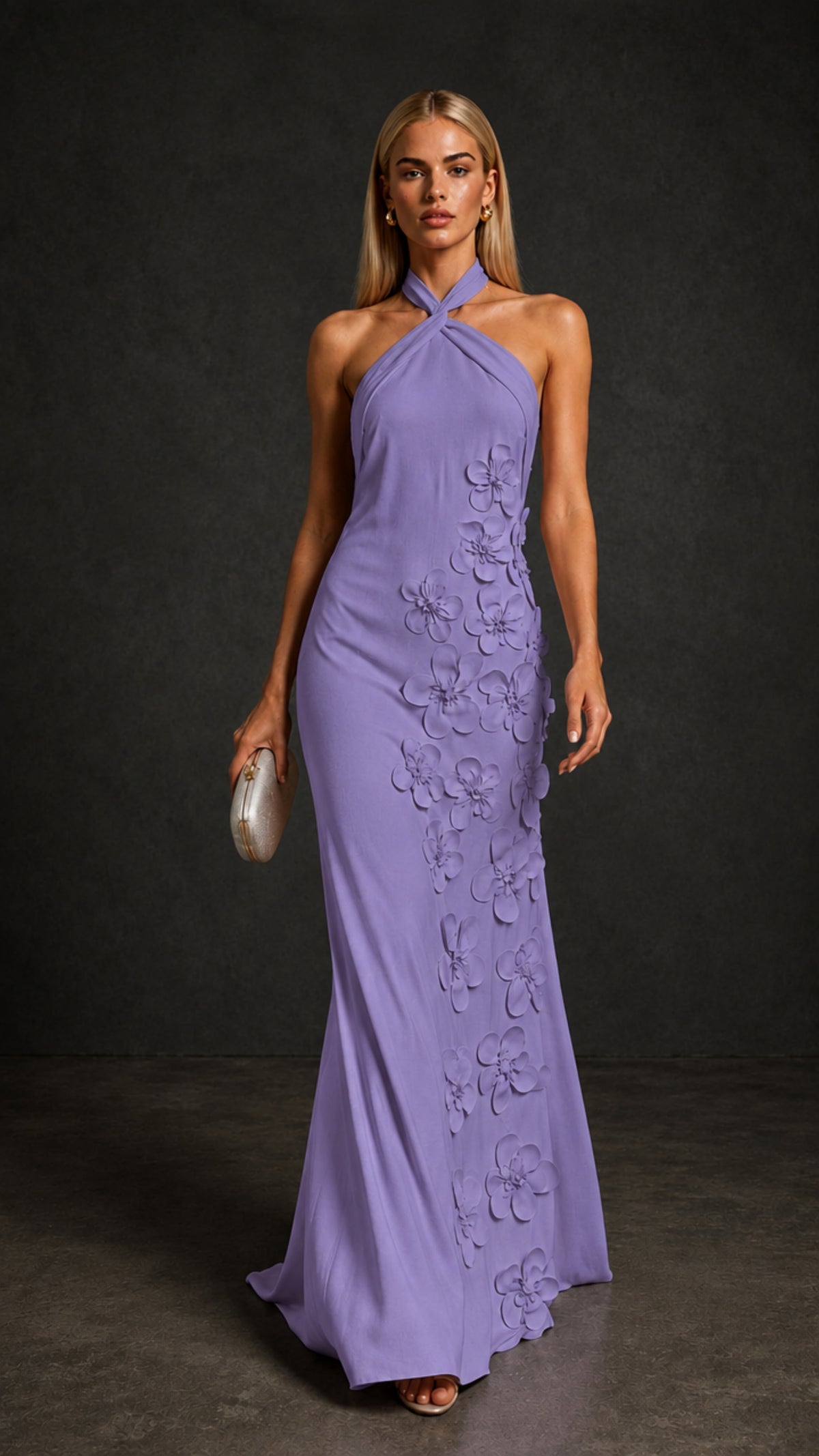 BOLODOO Wisteria Cross Halter Neck 3D Floral Appliqué Backless Mermaid Maxi Gown - Wisteria