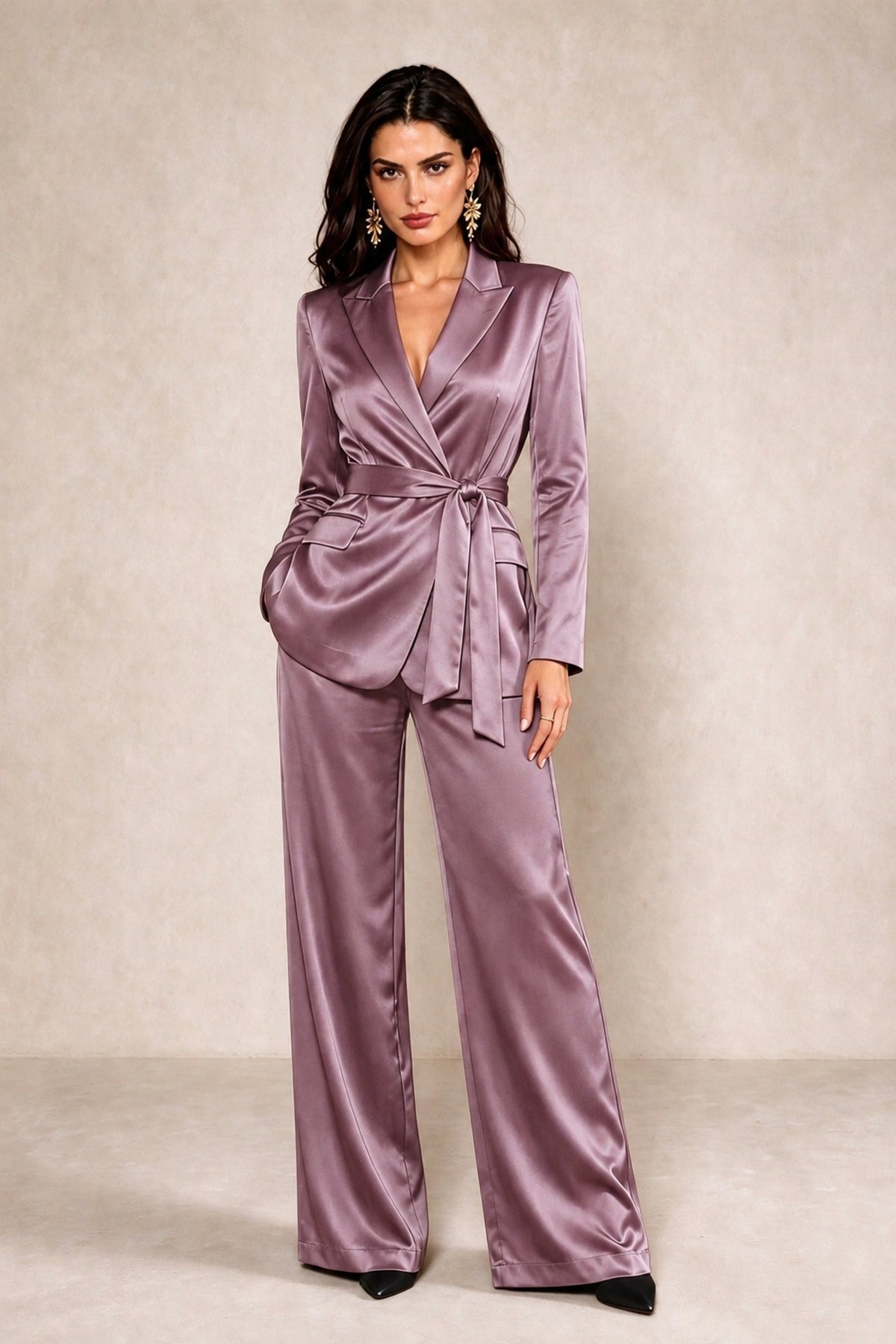 BOLODOO Wisteria Satin Wrap Blazer Wide-Leg Pants Two-Piece Suit Set – Evening Gala Wedding Guest - Wisteria - Wisteria_1